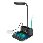 Multifunction pen holder with wireless charging, lamp, and clock