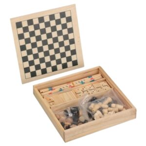 4-in-1 wooden games box showing games and dimensions