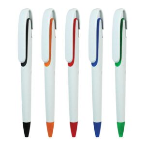 Branded plastic pen in glossy white finish