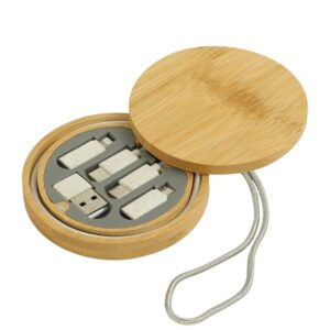 Round bamboo case with fast charging cables