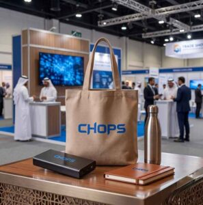 Best event merchandise for trade show exhibitors in Dubai displayed at an exhibition booth