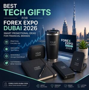 Best tech gifts for Forex Expo Dubai 2026 displayed at an exhibition booth